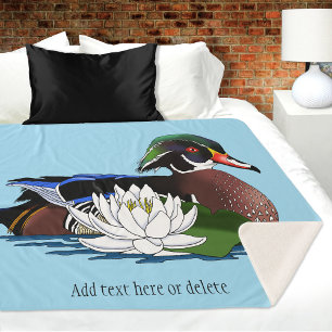 Colorful Wood Duck Water Lily Wildlife Blue Sherpa Blanket