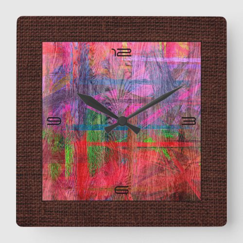 Colorful Wood Grain Burlap Border 2 Square Wall Clock