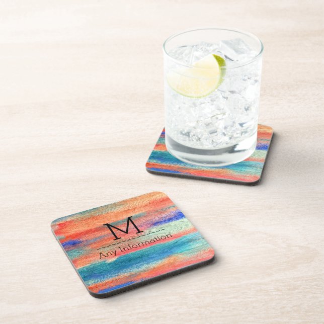 Colorful Wood Grain Texture Monogram Beverage Coaster (Right Side)