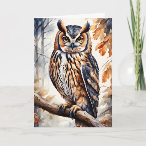 Colorful Wood Owl on Tree Branch Blank Card