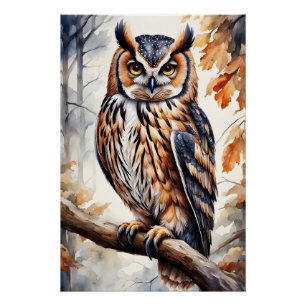 Colorful Wood Owl on Tree Branch Poster