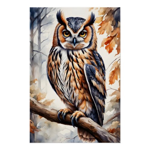 Colorful Wood Owl on Tree Branch Poster
