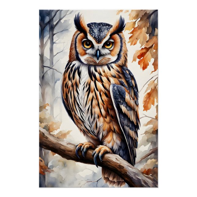 Colorful Wood Owl on Tree Branch Poster (Front)