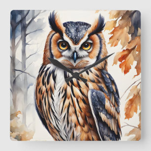 Colorful Wood Owl on Tree Branch Square Wall Clock