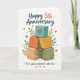 Colorful Wooden Blocks Floral 5th Anniversary Card