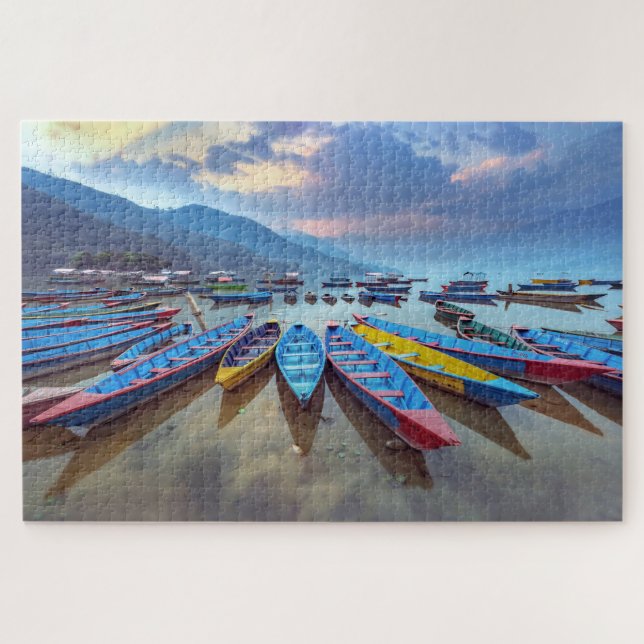 Colorful Wooden Boats Phewa Lake Nepal Travel Jigsaw Puzzle (Horizontal)