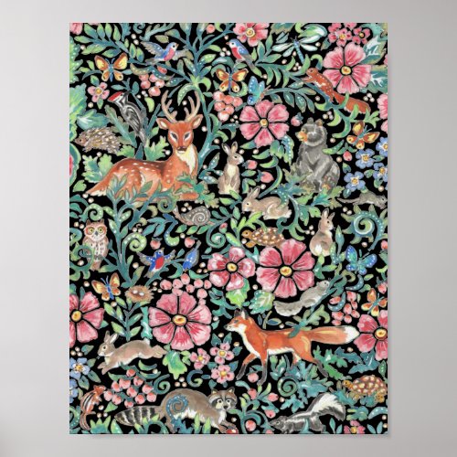 Colorful Woodland Animal Tapestry Design on Black Poster