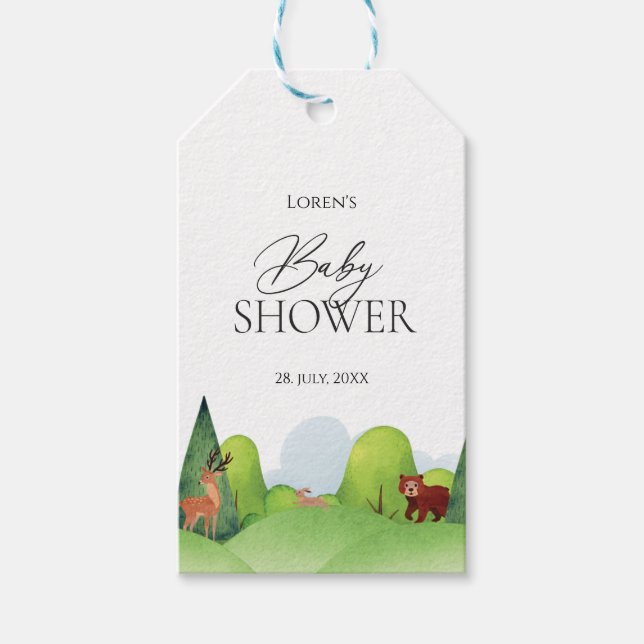 Colorful Woodland Animals Baby Shower Gift Tags (Front)