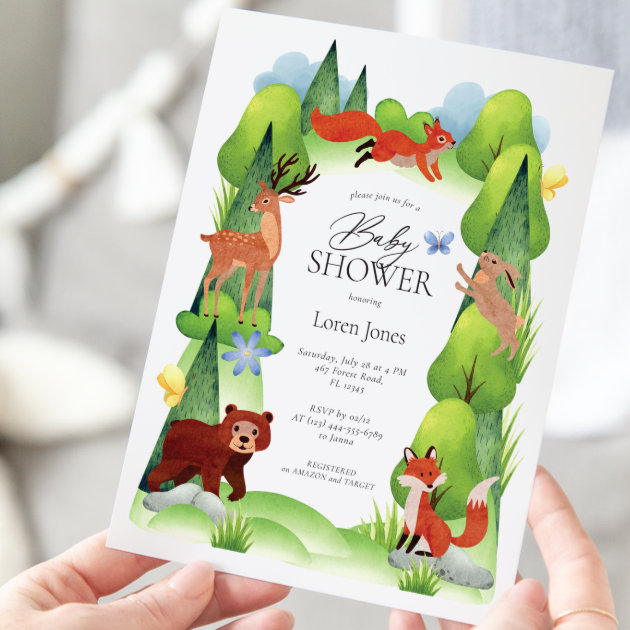 Colorful Woodland Animals Baby Shower Invitation
