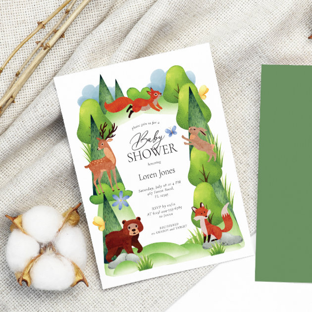 Colorful Woodland Animals Baby Shower Invitation