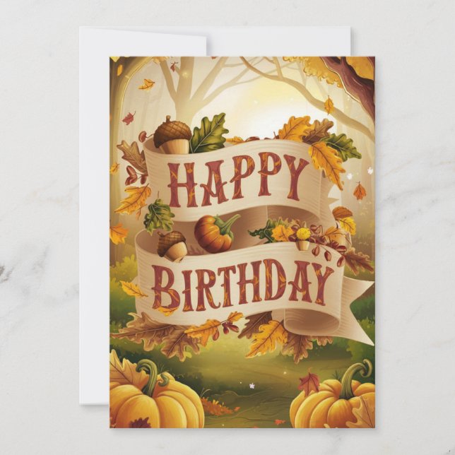 Colorful Woodland Autumn Fall Happy Birthday Card (Front)