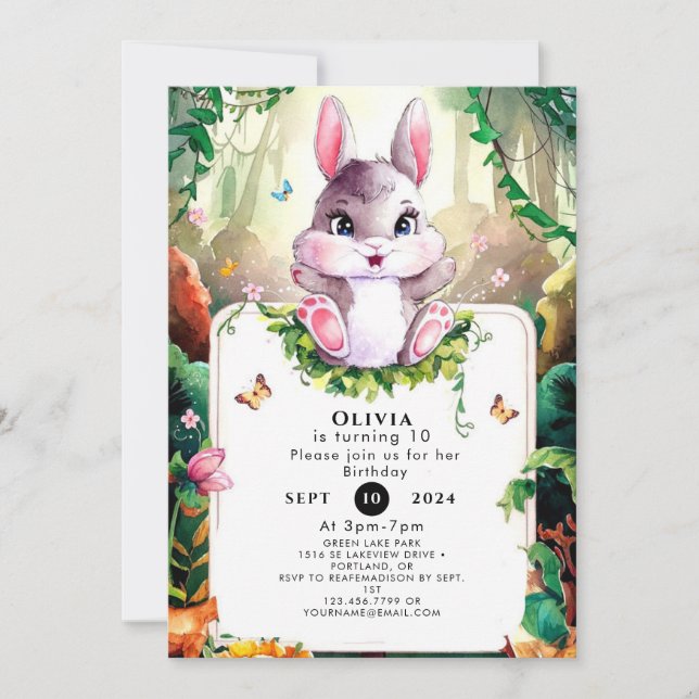 Colorful Woodland Bunny Birthday Invitation (Front)