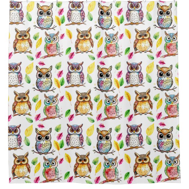 Colorful Woodland Owls and Leaves Watercolor Shower Curtain (Front)