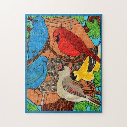 Colorful Woodland Watercolor Wild Birds Tree House Jigsaw Puzzle