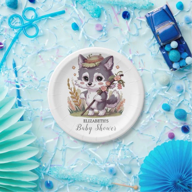 Colorful Woodland Wolf Baby Shower Paper Plates (Party)