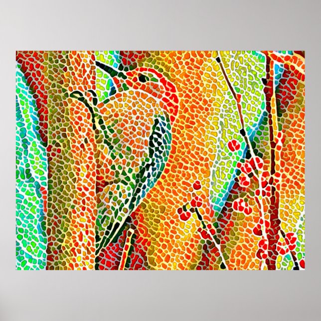 Colorful Woodpecker in Tree Faux Mosaic Poster (Front)