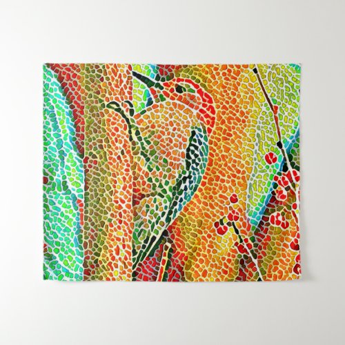 Colorful Woodpecker in Tree Faux Mosaic Tapestry