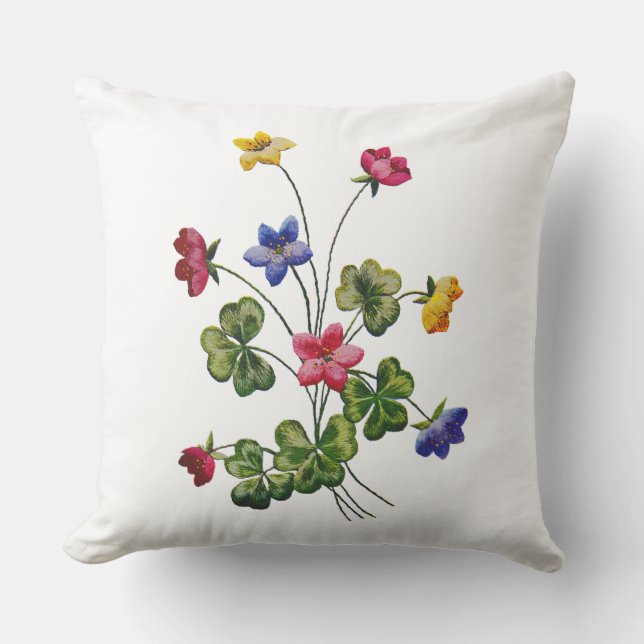 Colorful Woodsorrel Faux Embroidered Pillow (Front)