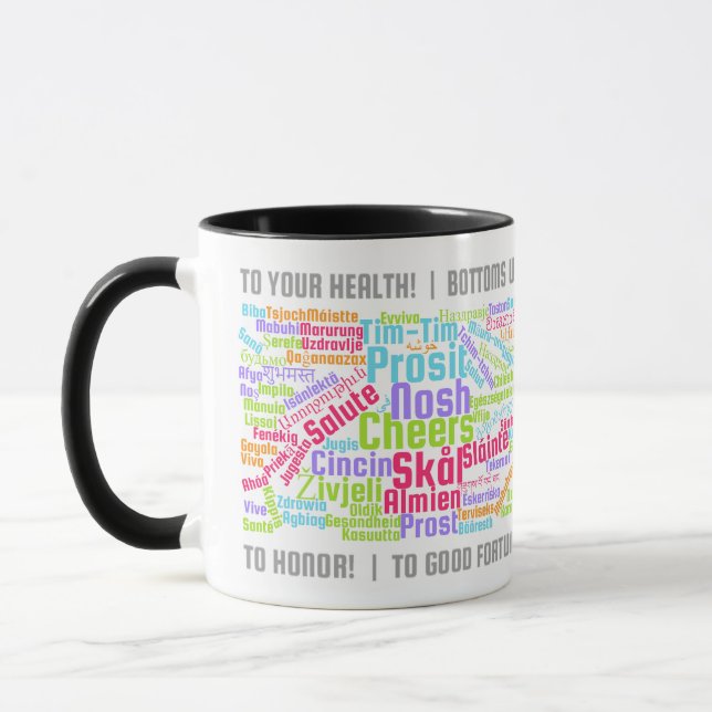 Colorful Word Art Cheers in Many Languages Mug (Left)