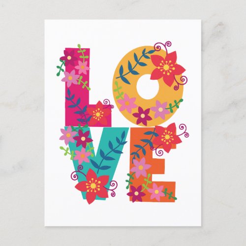 Colorful word love decorated with flowers postcard