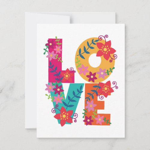 Colorful word love decorated with flowers thank you card