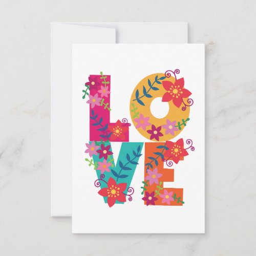 Colorful word love decorated with flowers thank you card