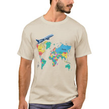 Colorful World Map and Airplane Vintage Travel T-S