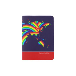 colorful world map, cool rainbow colors travel passport holder