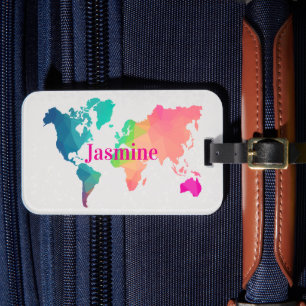 Colorful World Map Custom Monogram Name Luggage Tag