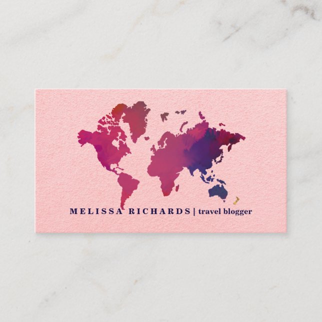 Colorful World Map Travel  Blog Business Card (Front)