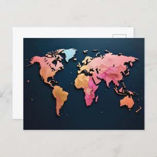 Colorful World Map – Watercolor Travel Art Postcard