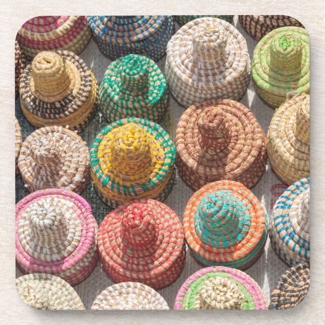 Colorful Woven Hats Beverage Coaster (Front)