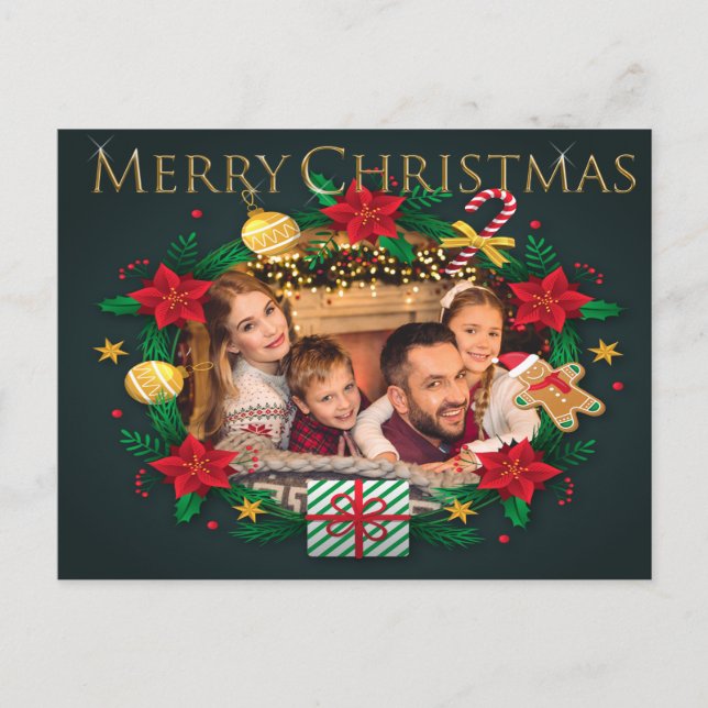 Colorful Wreath Frame Gold Merry Christmas Photo Holiday Postcard (Front)