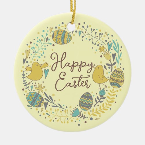 Colorful Wreath of Joyful Chicks Eggs and Greeting Ceramic Ornament