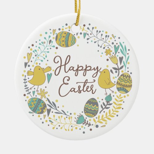 Colorful Wreath of Joyful Chicks Eggs and Greeting Ceramic Ornament