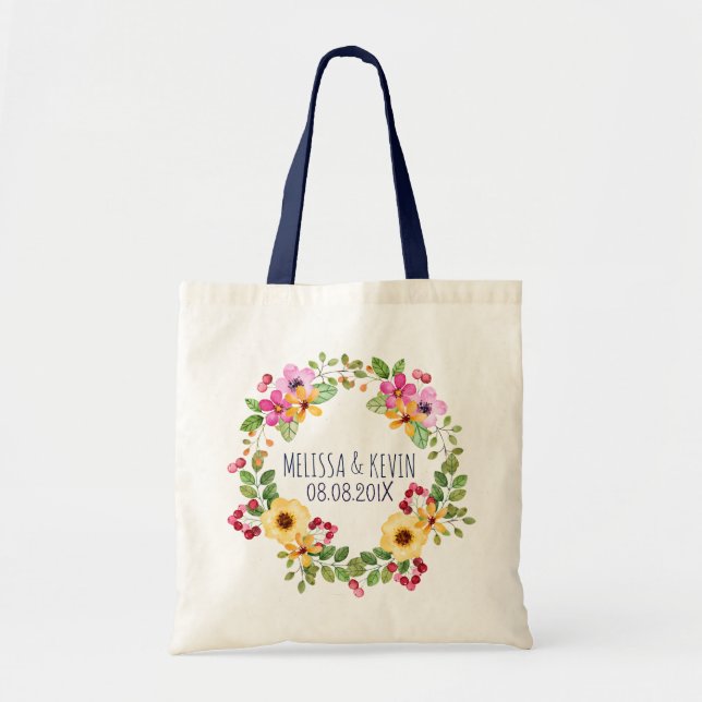 Colorful Wreath Pink Yellow Flowers & Red Berries Tote Bag (Front)