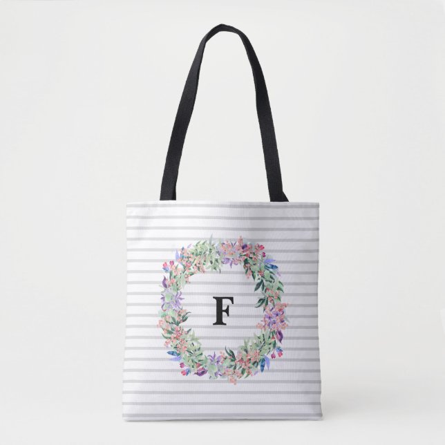 Colorful Wreath Stripes | Monogram Tote Bag (Front)