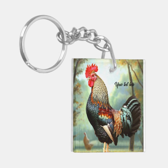 Colorful Wyandotte Rooster Keychain (Front Left)