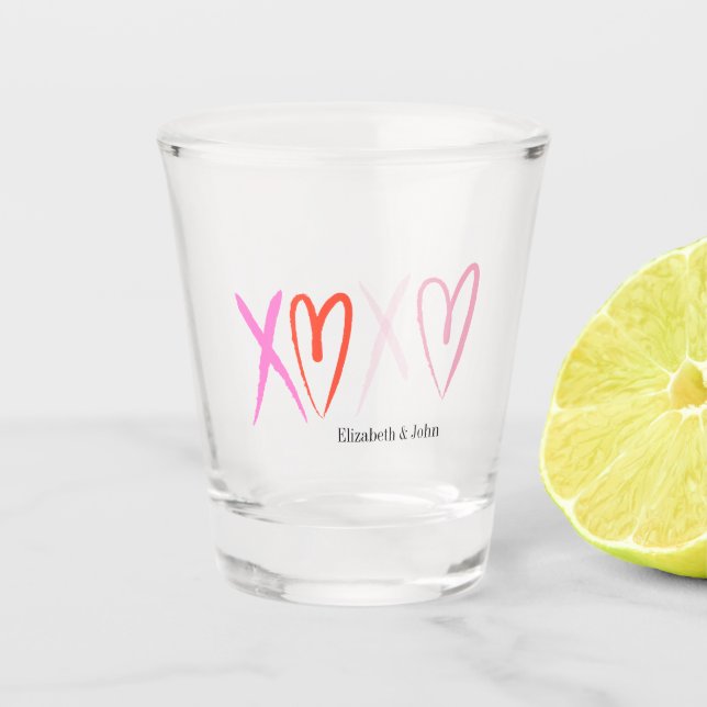Colorful "XOXO" Hearts Valentine's Day   Shot Glass (Front)