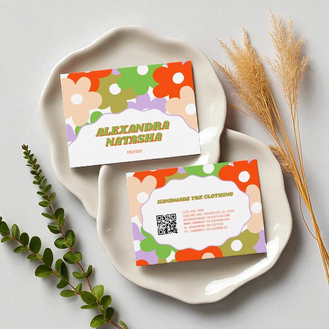 Colorful Y2K Flower Handmade Clothing Business Card (Orange Purple Blue Floral Retro Y2K Botanical Pillar Candle)