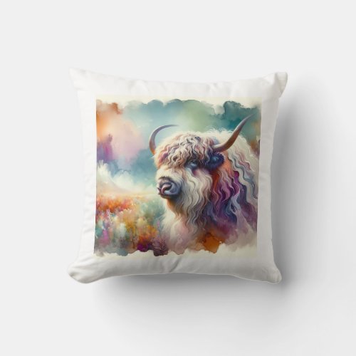 Colorful Yak in Nature AREF751 _ Watercolor Throw Pillow