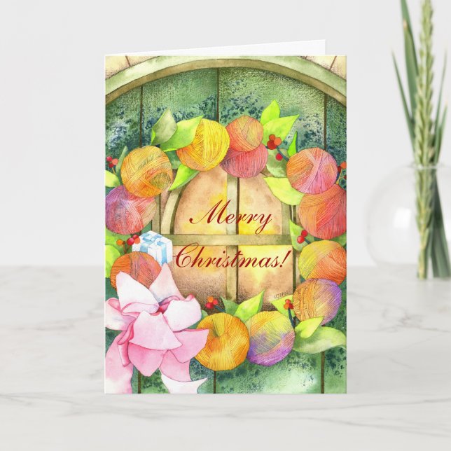 Colorful Yarn Ball Wreath Merry Christmas Holiday Card (Front)
