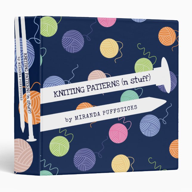 Colorful yarn balls knitting needles personalized 3 ring binder (Front/Spine)
