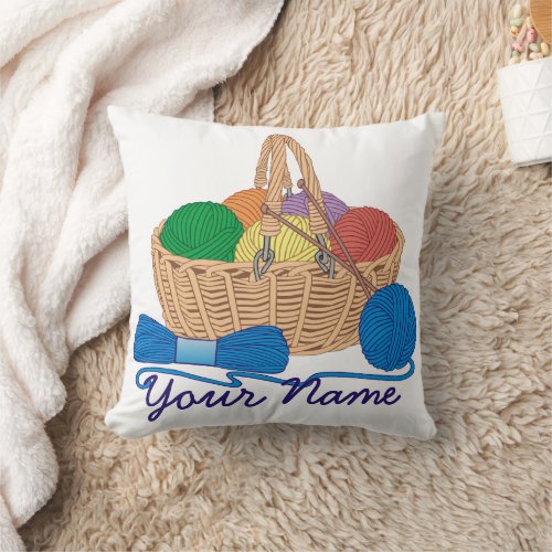 Colorful Yarn Basket Personalized Knitting  Throw Pillow