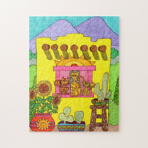 Colorful Yellow Adobe House Cats Desert Drawing Jigsaw Puzzle