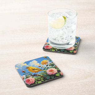 Colorful yellow bird and pretty pink roses beverage coaster