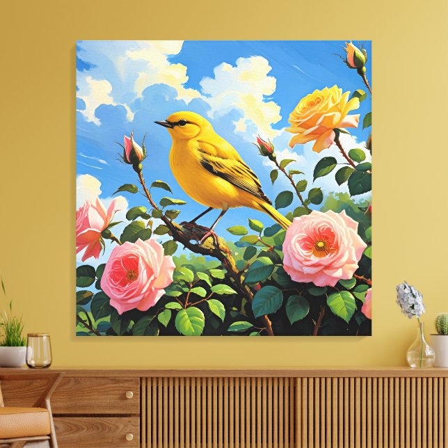 Colorful yellow bird and pretty pink roses canvas print (Insitu(LivingRoom))
