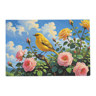 Colorful yellow bird and pretty pink roses placemat