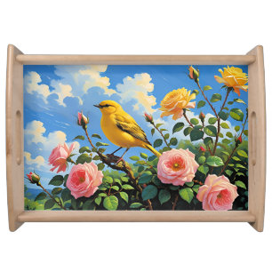 Colorful yellow bird and pretty pink roses serving tray