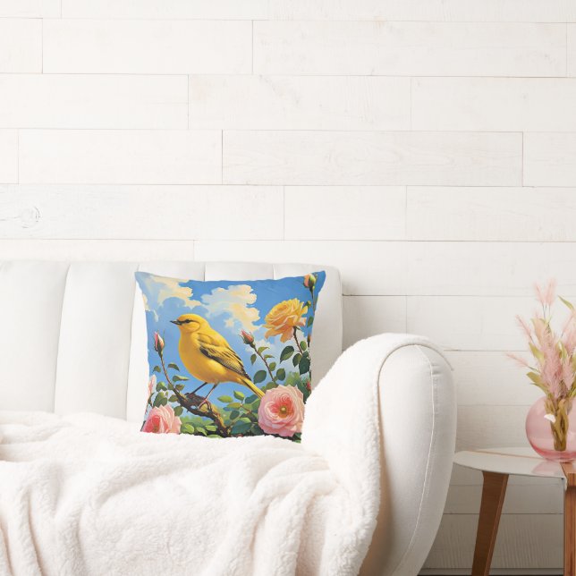 Colorful yellow bird and pretty pink roses throw pillow (Couch)